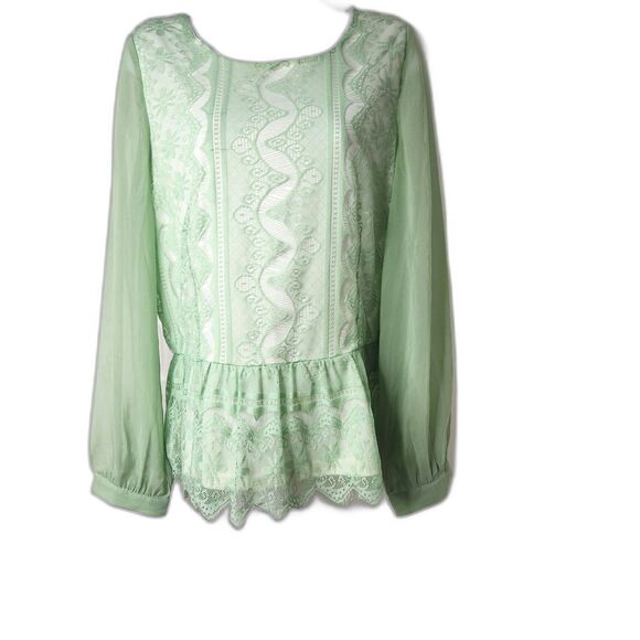 Sweet Rain Tops - Sweet Rain Floral Lace Peplum Blouse Sheer Long Sleeves Soft Green Sz. L Fairy
